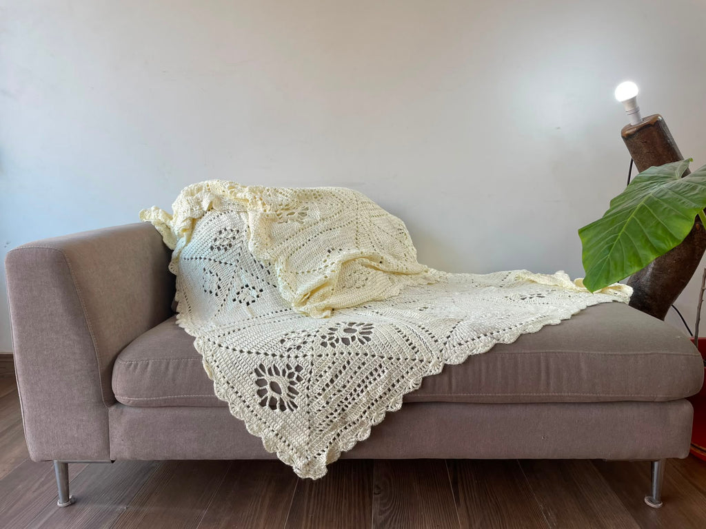 Manta a crochet Jardín de Marfil 140x183cm